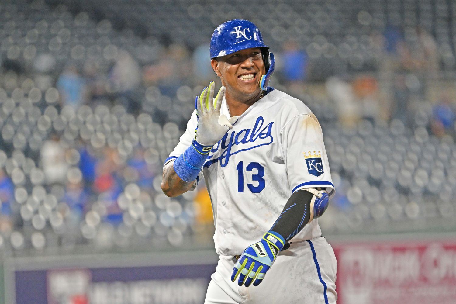 Sep 7, 2022; Kansas City, Missouri, USA; Kansas City Royals designated hitter Salvador Perez (13) reacts after driving in the winning run during the ninth inning against the Cleveland Guardians at Kauffman Stadium. Mandatory Credit: Peter Aiken-USA TODAY Sports